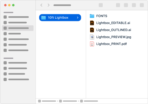 Packaged project folder with editable artwork, fonts, preview and print PDF